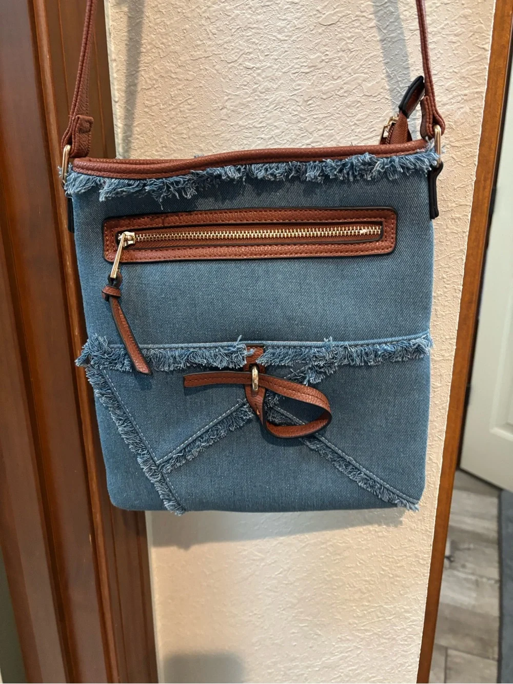 Cato Denim Crossbody Bag with Brown Trim